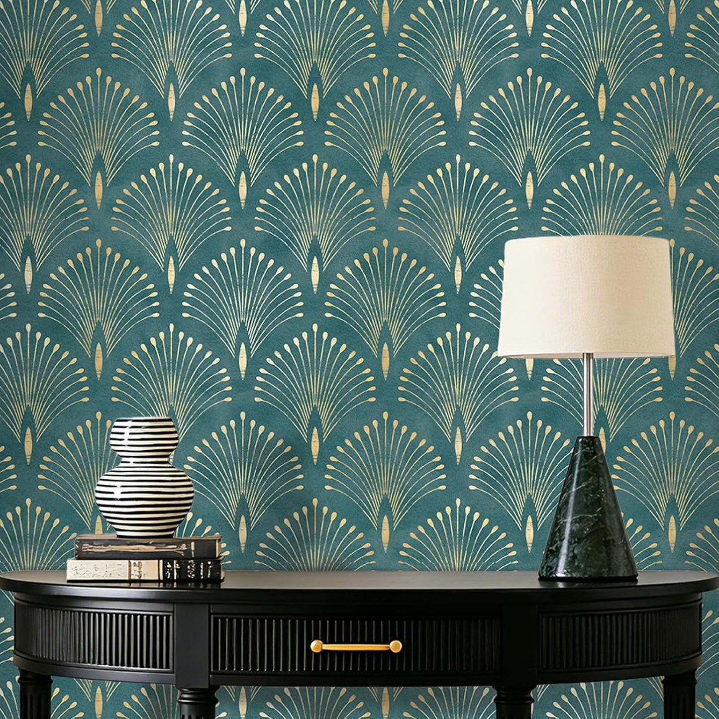Papel tapiz geométrico Art Deco dorado y verde autoadhesivo