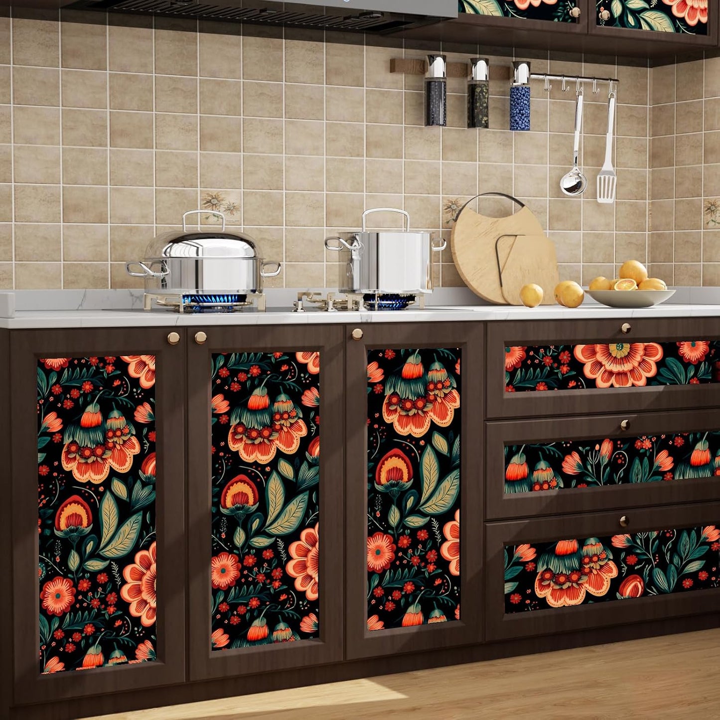 Papel tapiz floral bohemio autoadhesivo rojo oscuro