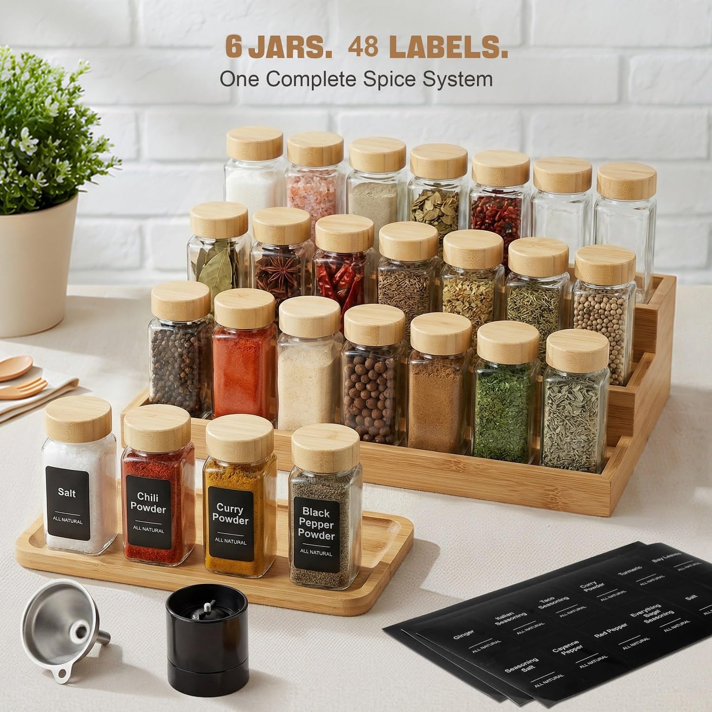 6 Tarros Vidrio Especias 4oz Con Tapas y Embudo