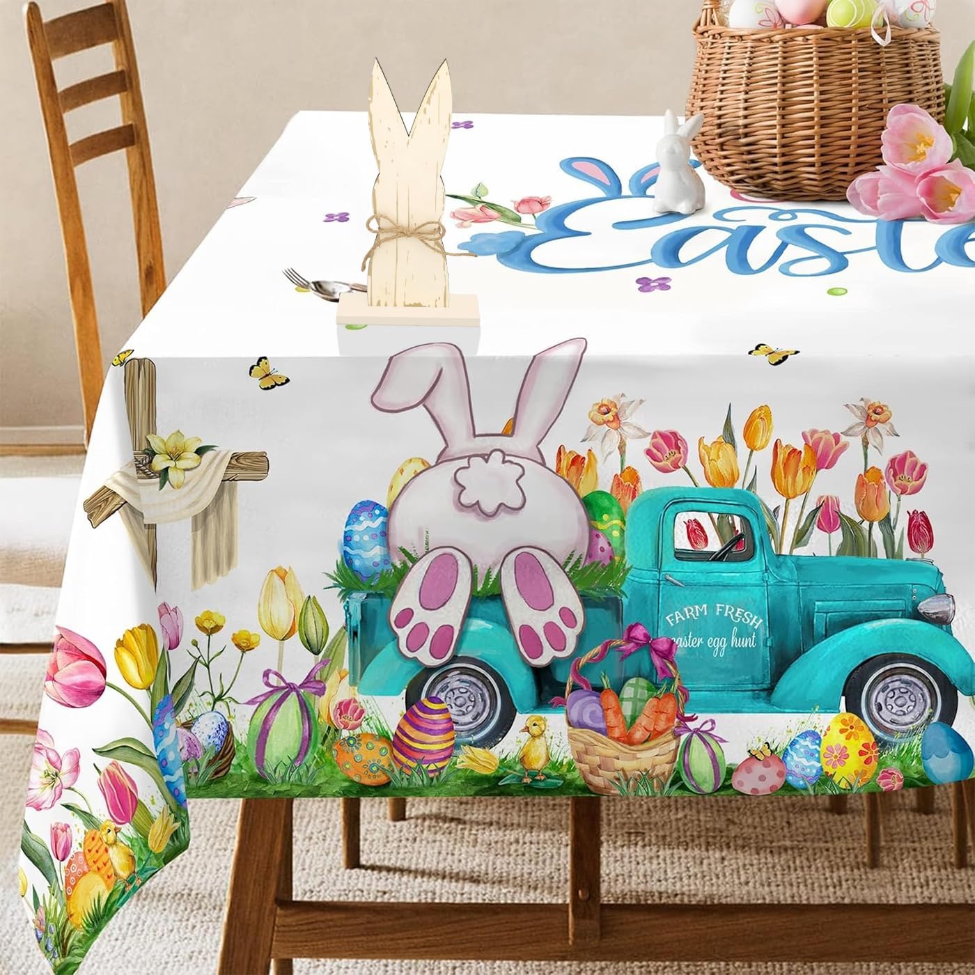 Mantel de Pascua con decoración de conejo de madera 60x84 pulgadas