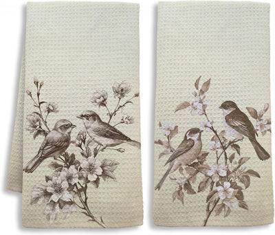 Juego de 2 paños de cocina decorativos con diseño de pájaro floral rústico vintage