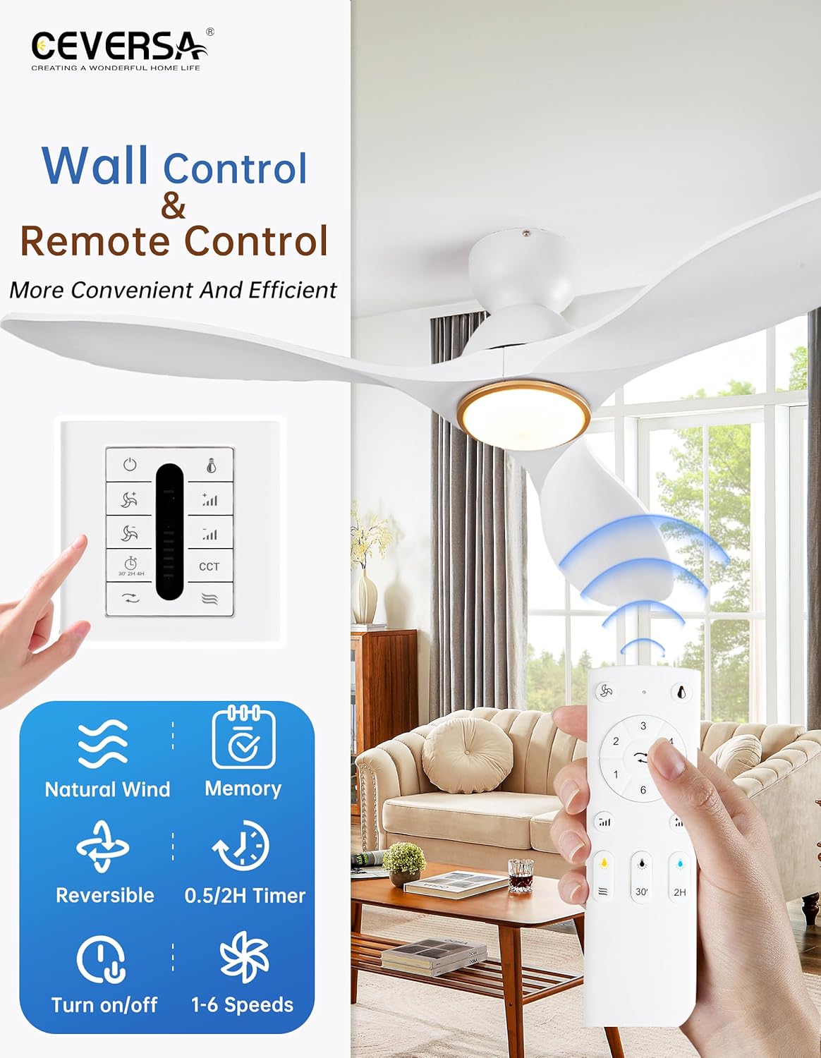 Ventilador techo 52pulg blanco dorado luz control remoto