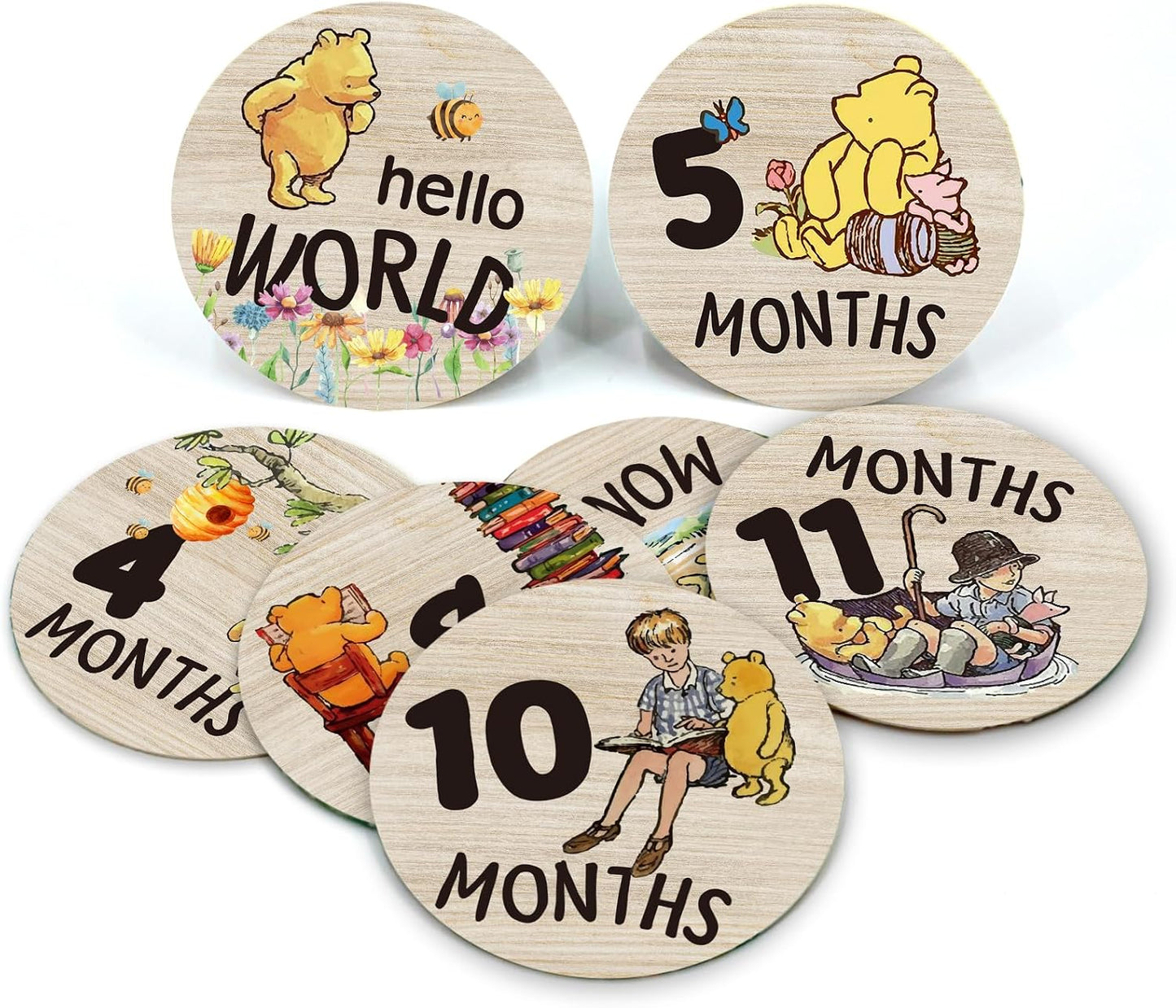 Círculos hito mes bebé madera letreros Hello World
