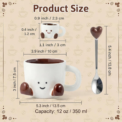 Taza de café de cerámica cara feliz con cuchara y adorno