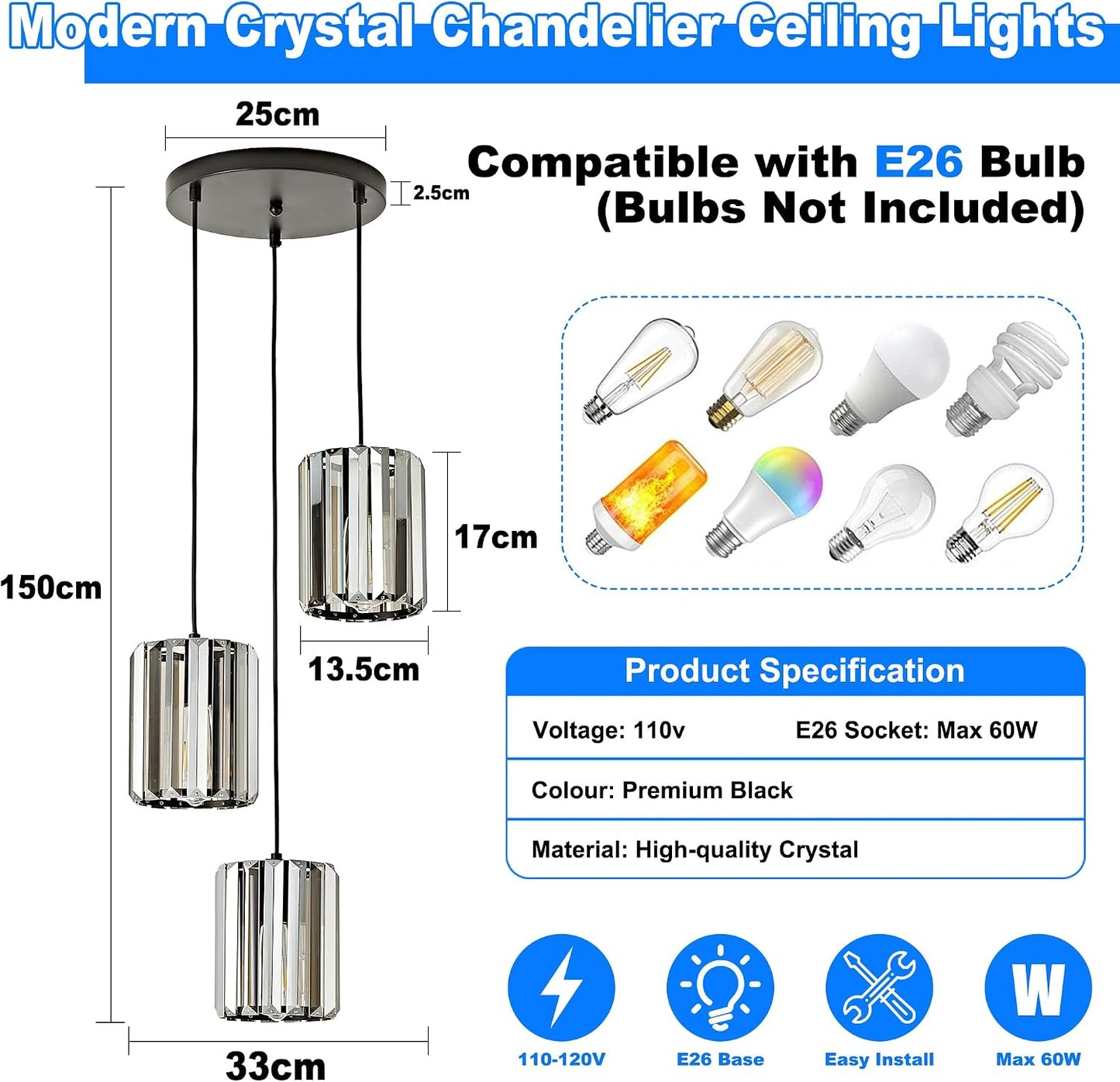 Lámpara techo cristal negro 3 luces colgante comedor