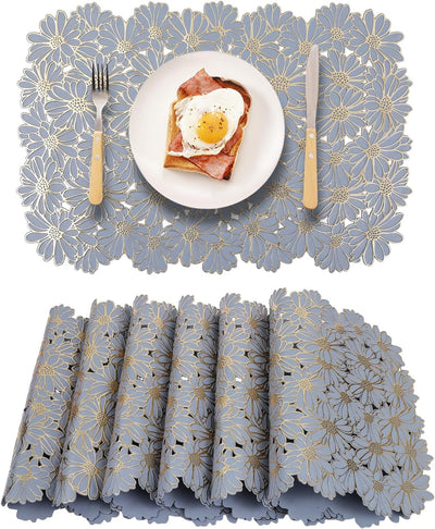 Set 6 manteles PVC azul relieve flores doradas
