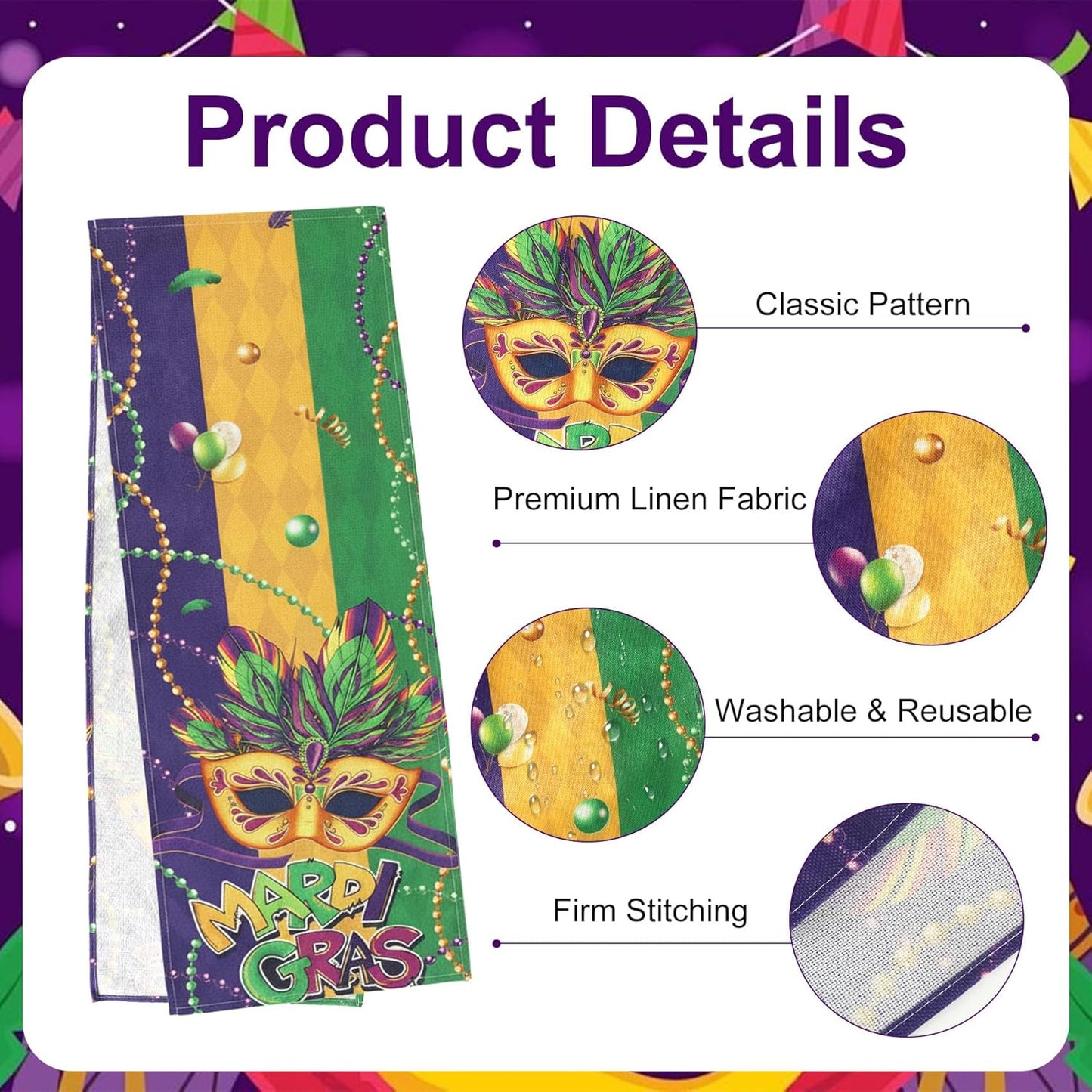 Camino de mesa Mardi Gras con máscara y flor de lis de Nueva Orleans