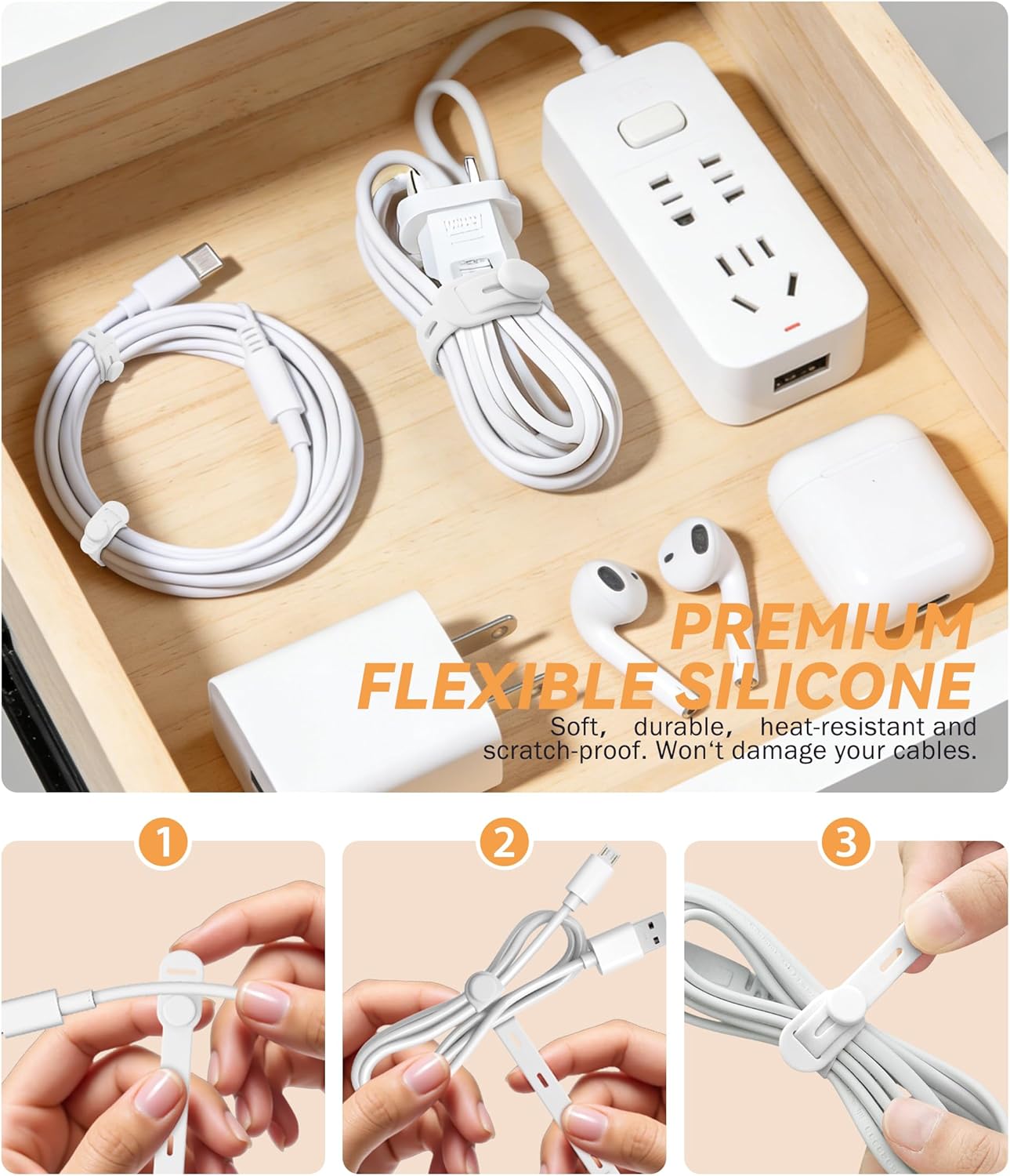 Organiz. cables silicona 15 pzas 5x9.6pulg reutilizable
