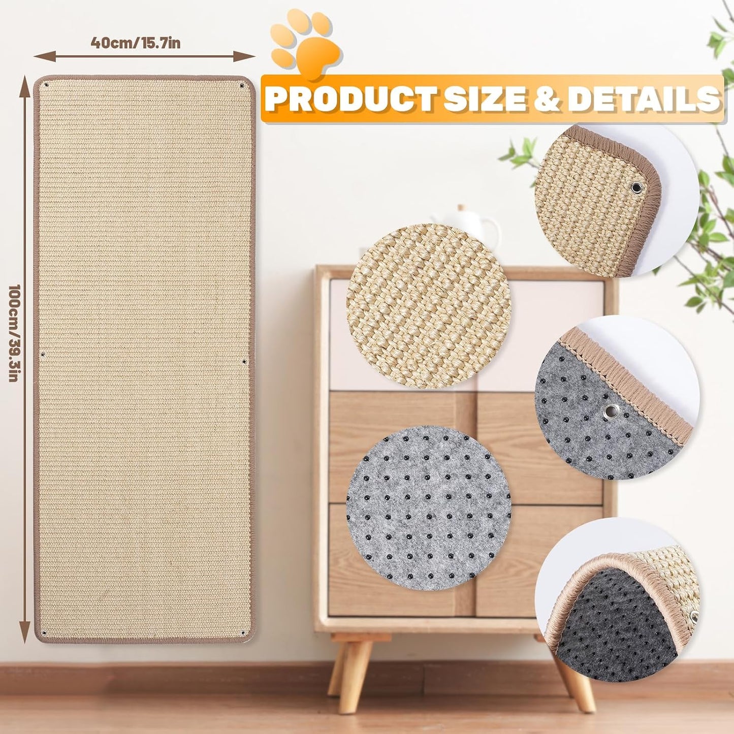 Alfombrilla rascadora sisal natural para gatos pared