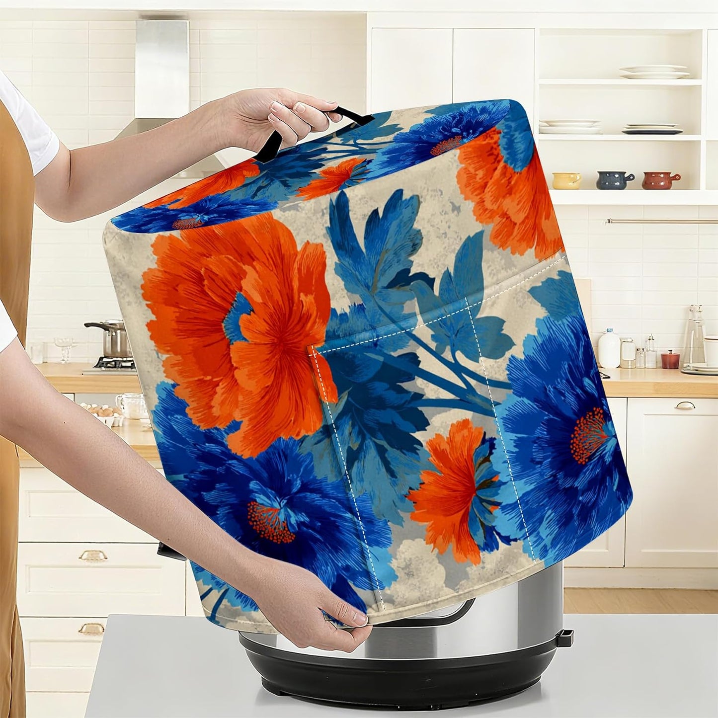 Cubierta floral naranja y azul para olla de cocción lenta