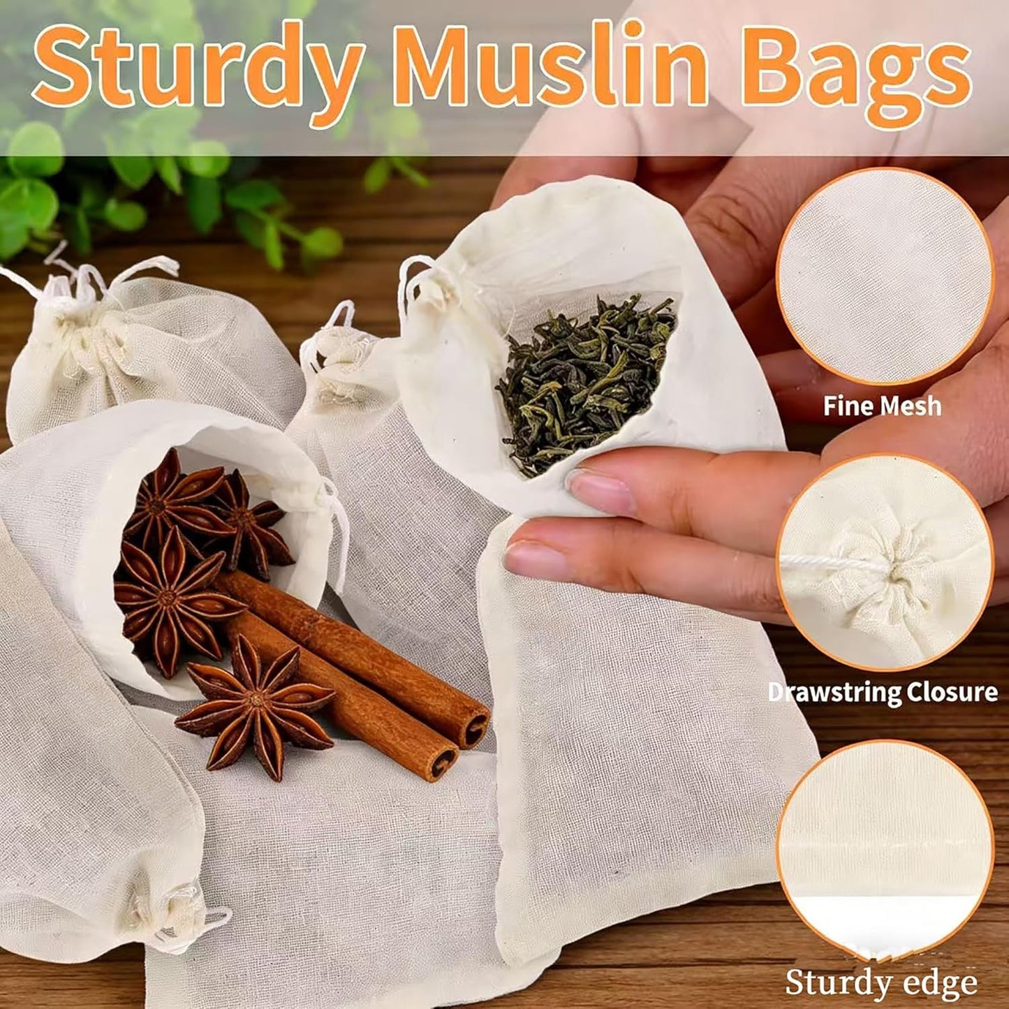 Paquete de 50 bolsas de té reutilizables de algodón natural sin blanquear