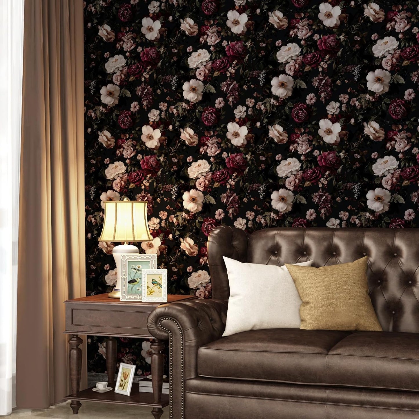Papel tapiz floral negro autoadhesivo 17.5x118pulg impermeable