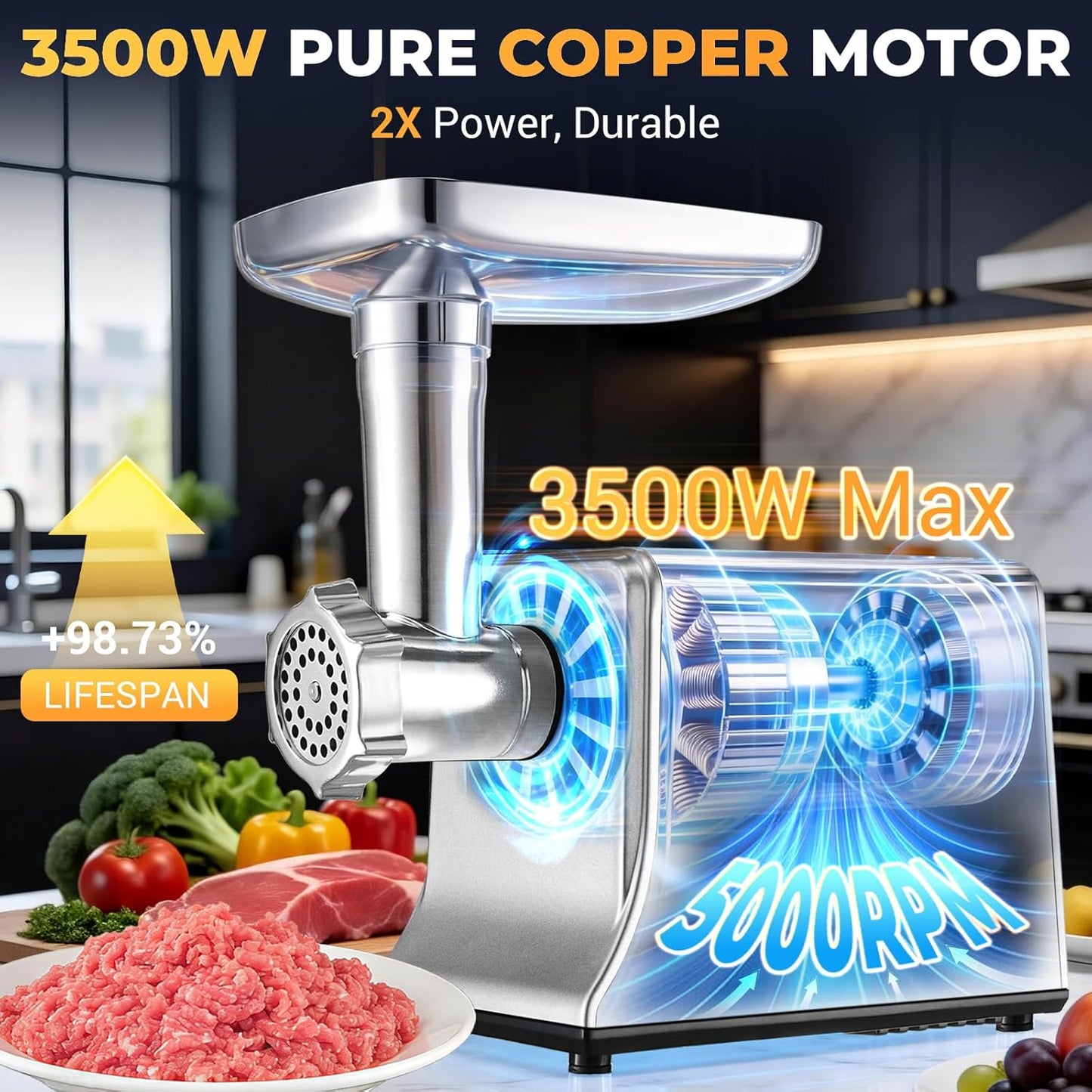 Picadora carne eléctrica 3500W set cuchillas SUS304
