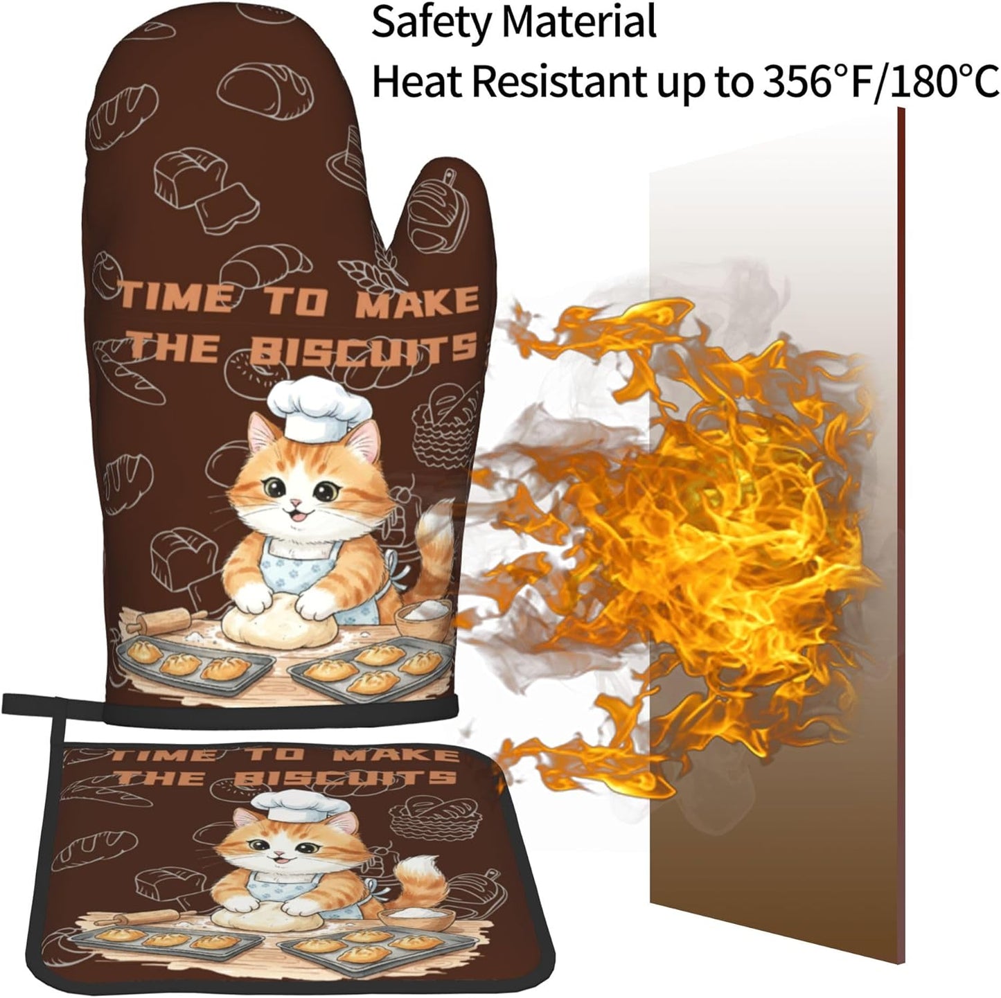 Juego de guantes de horno con patrón de gato y soporte para ollas resistente al calor