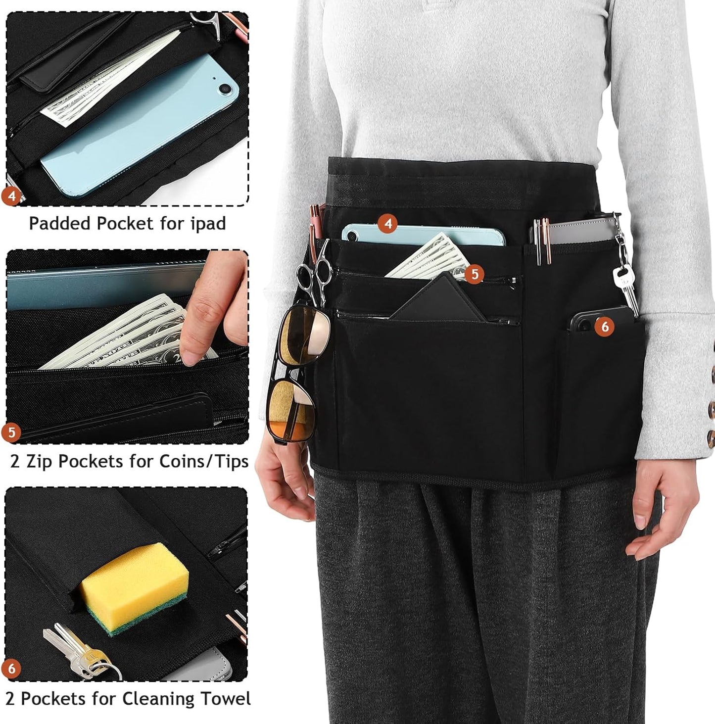 Delantal camarera con bolsillos ajustable impermeable negro