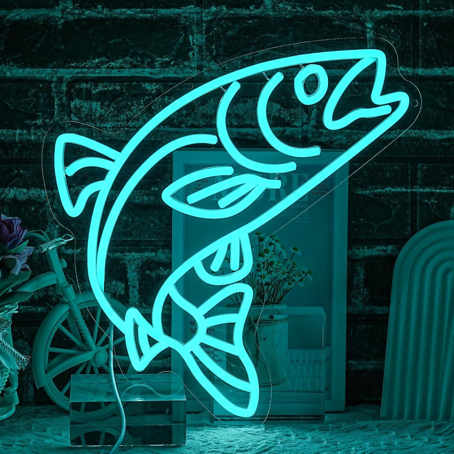 Letrero neón pescado salmon azul USB para dormitorio