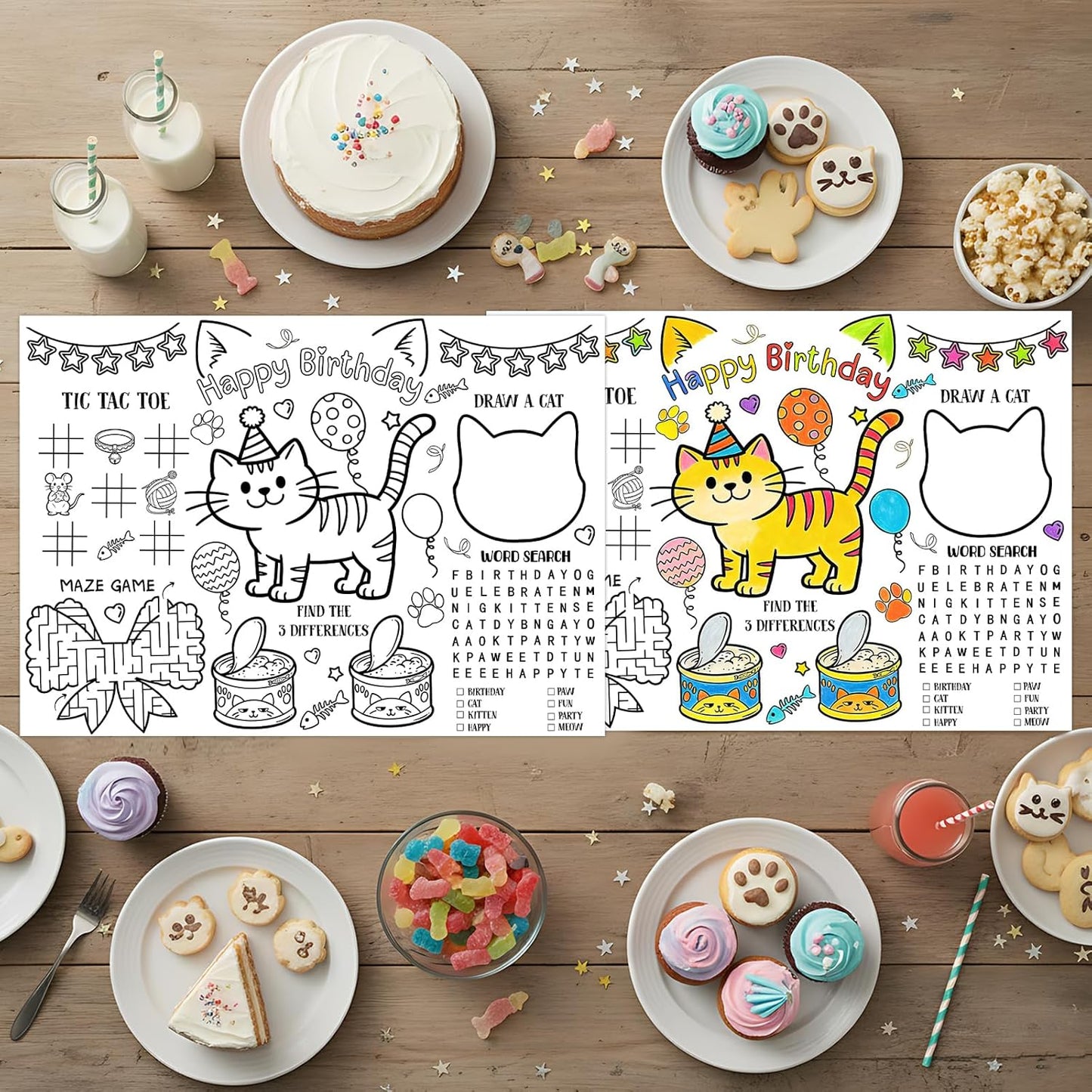 Manteles individuales para colorear de gato para cumpleaños