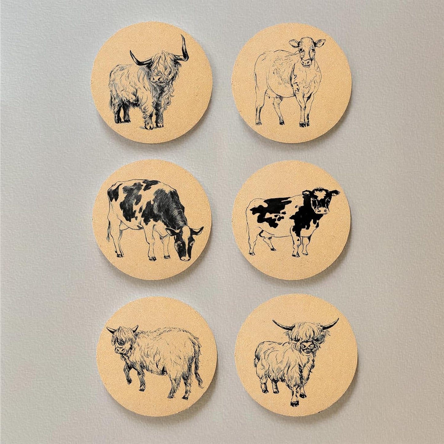 Juego de 6 posavasos de vaca con soporte de corcho absorbente