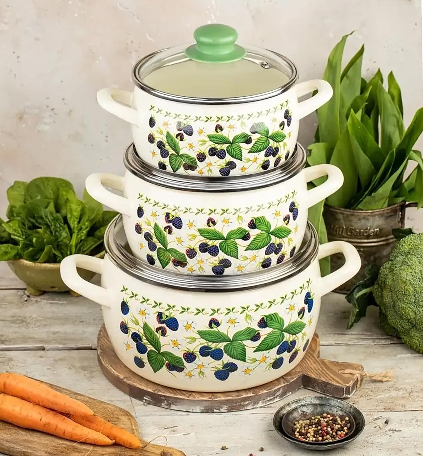 Jgo 3 cazuelas esmaltadas con tapas vidrio 2.2-5.3L
