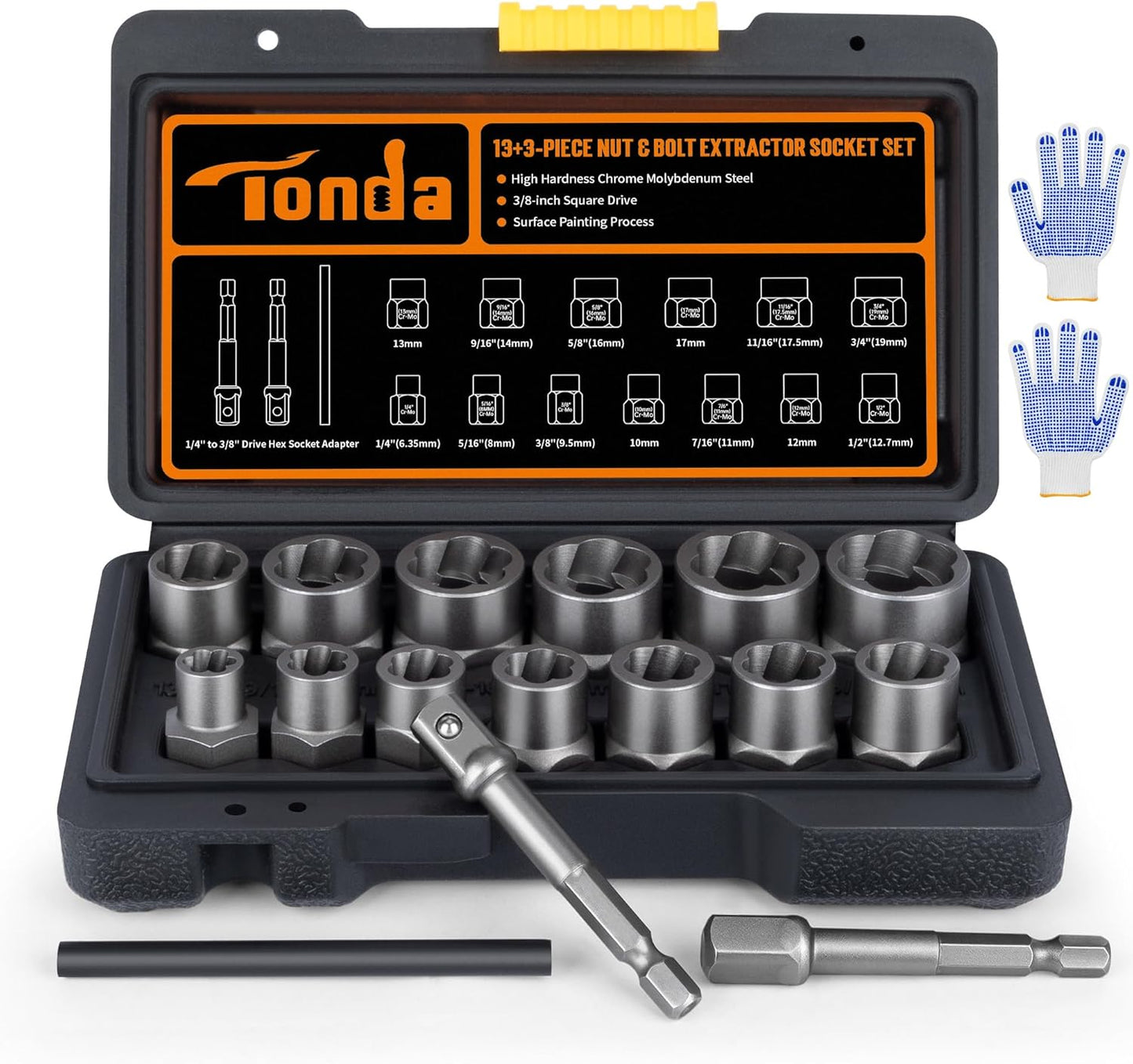 Kit extractor pernos 16 pzas adaptador 3/8 pulg con guantes