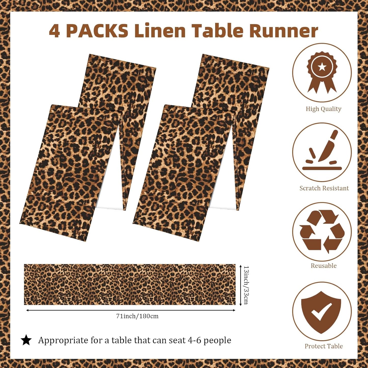 Caminos de mesa de lino con estampado de leopardo estilo rústico 71 x 13 pulgadas