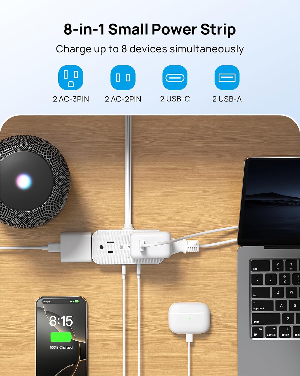 Regleta extensión plana 10ft 8 puertos USB 4CA