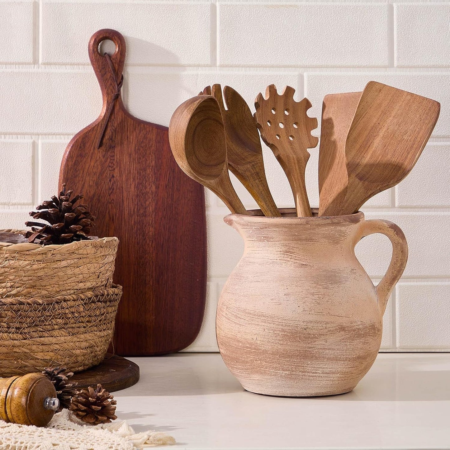 Soporte rústico para utensilios de cocina de cerámica vintage