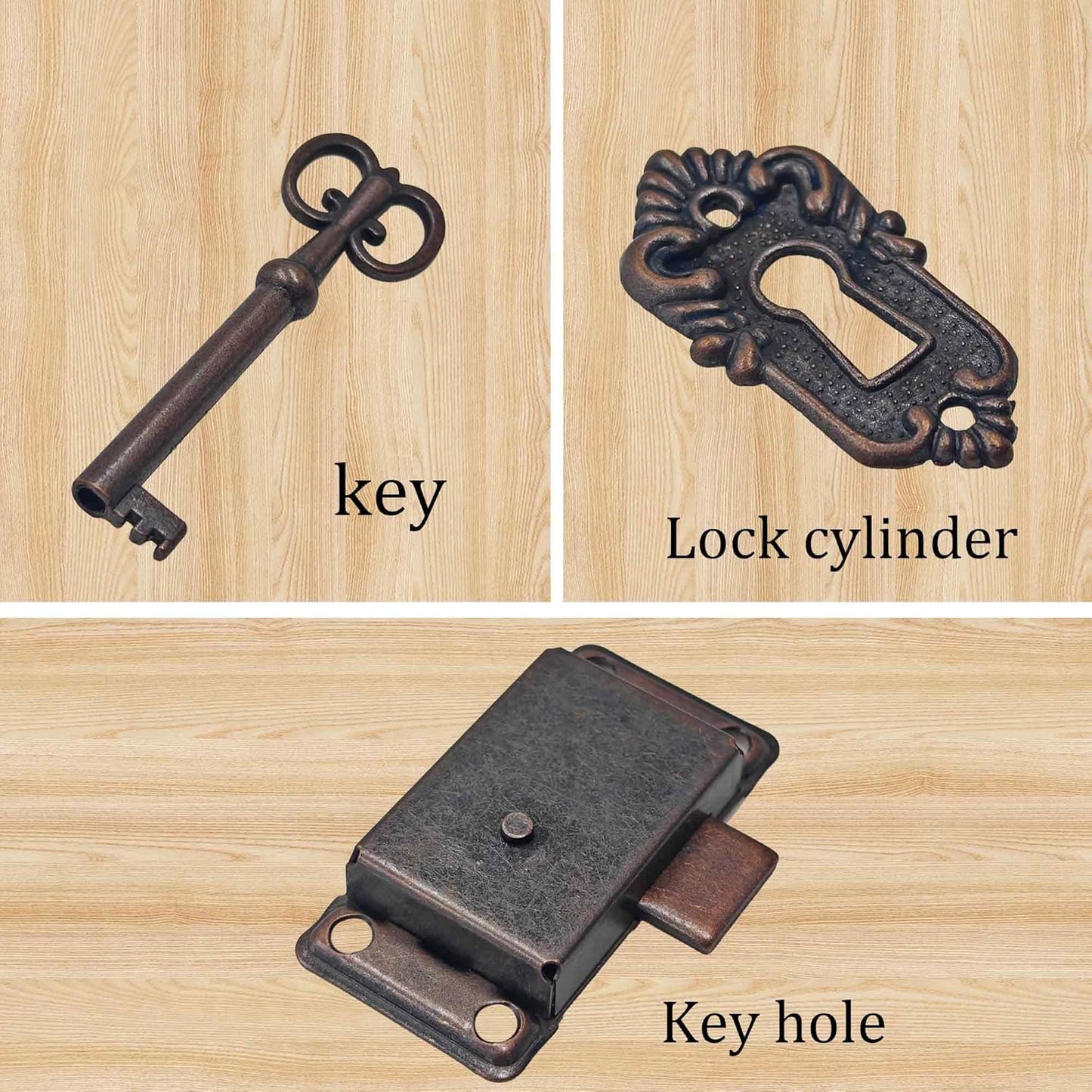 Candado vintage para muebles con llave y tornillos rojo bronce