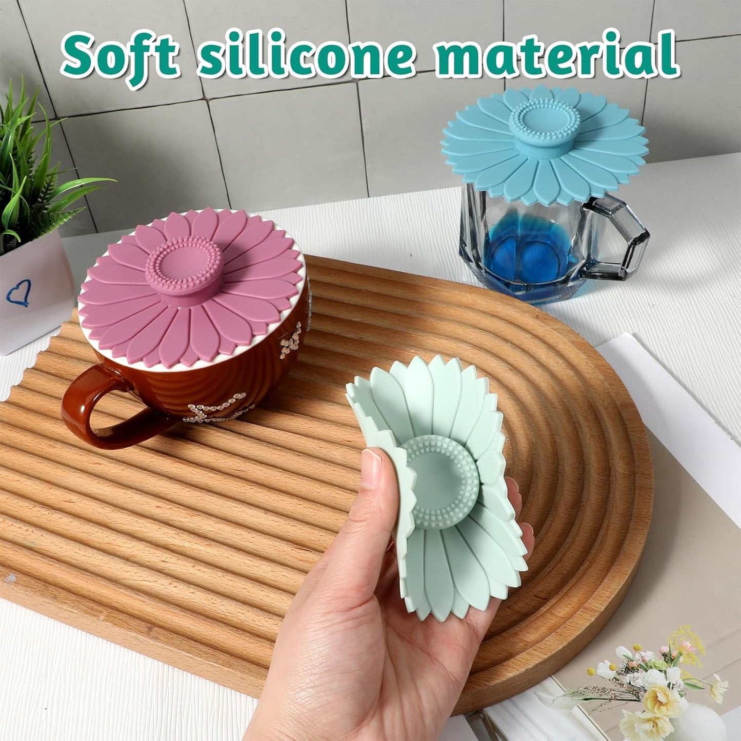 Fundas de silicona de girasol para tazas de té y café con tapas flexibles sin insectos