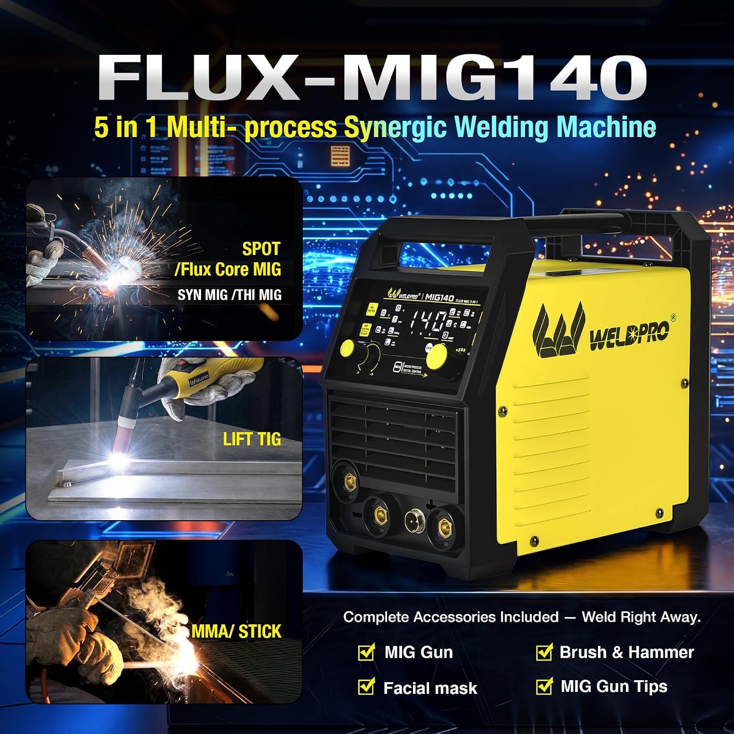 Soldador MIG 140A 110/220V 5 en 1 sin gas