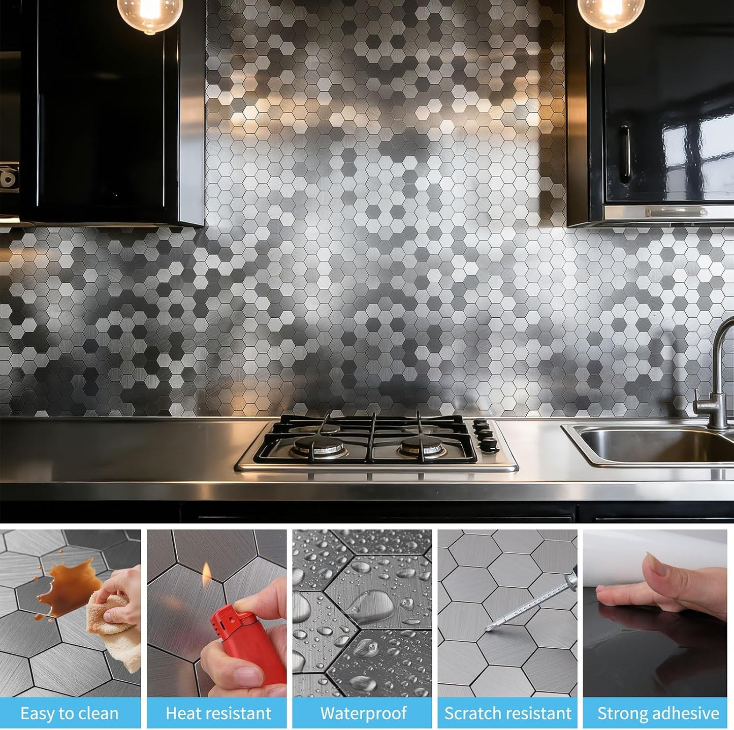 10 Azulejos Metal Autoadhesivos Cocina 12x12pulg Hexagonal Plateado