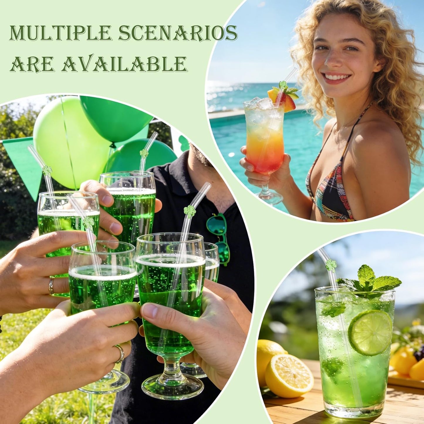Pajitas cristal trébol verde reutilizables fiestas
