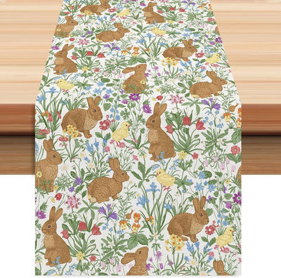 Camino de mesa de Pascua lindo conejo con pollitos y flores para cocina comedor