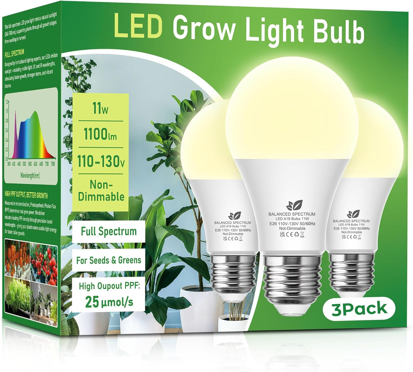 Bombilla LED A19 espectro completo para plantas interior E26 11W