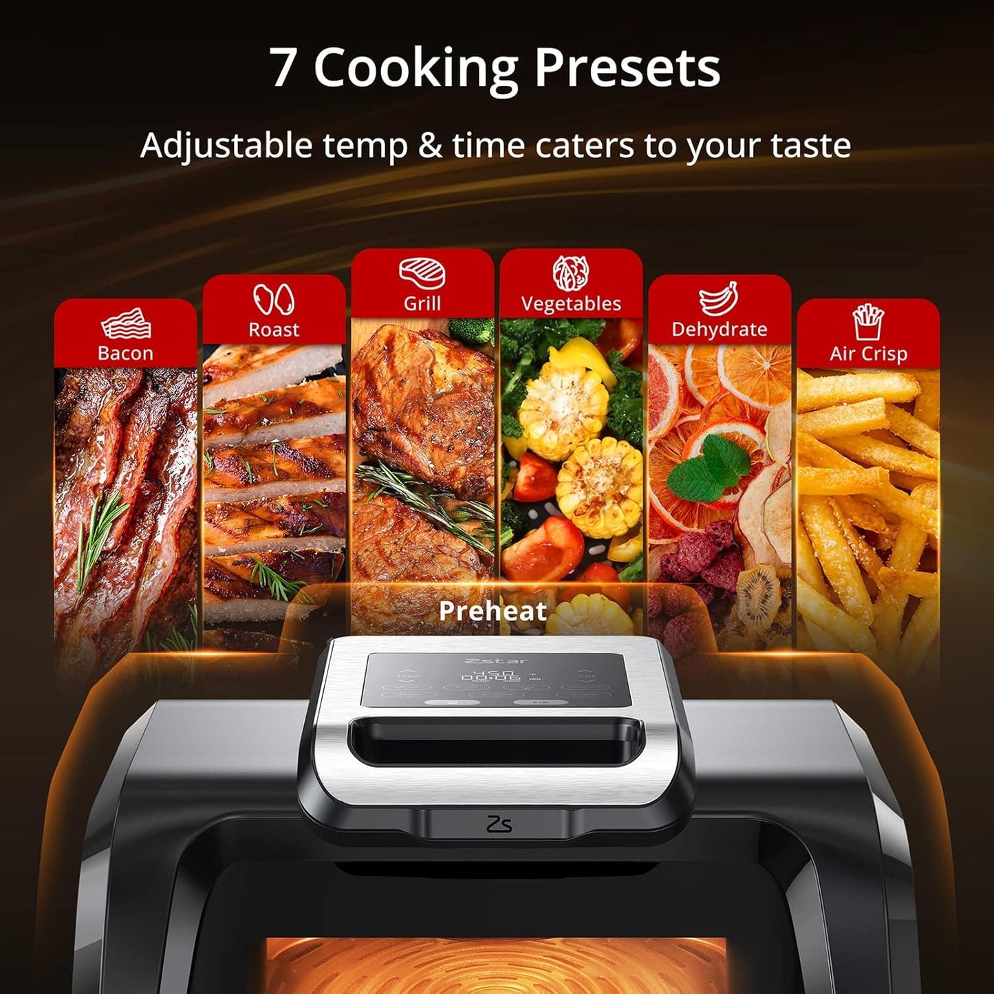 Parrilla sin humo freidora aire 1750W 7 funciones 450°F