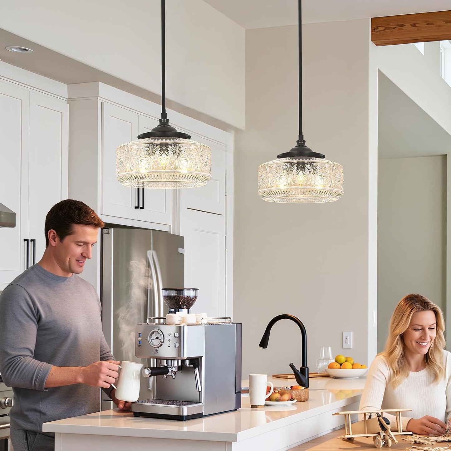 Lámpara colgante 3 luces pantalla cristal grabado cocina comedor