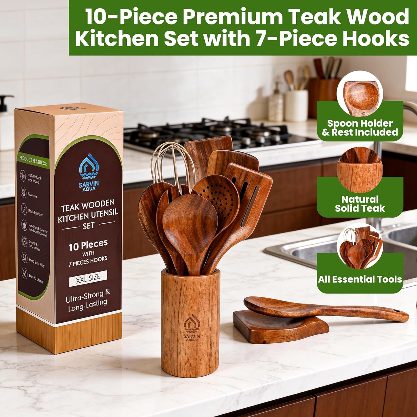 Set 10 Pzas Utensilios Cocina Madera Teca con Soporte