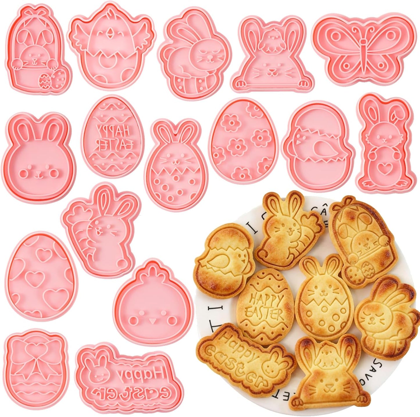 Juego de 16 cortadores de galletas Pascua con sellos en relieve 3D para mariposas y huevos de conejo
