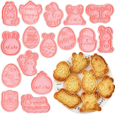 Juego de 16 cortadores de galletas Pascua con sellos en relieve 3D para mariposas y huevos de conejo