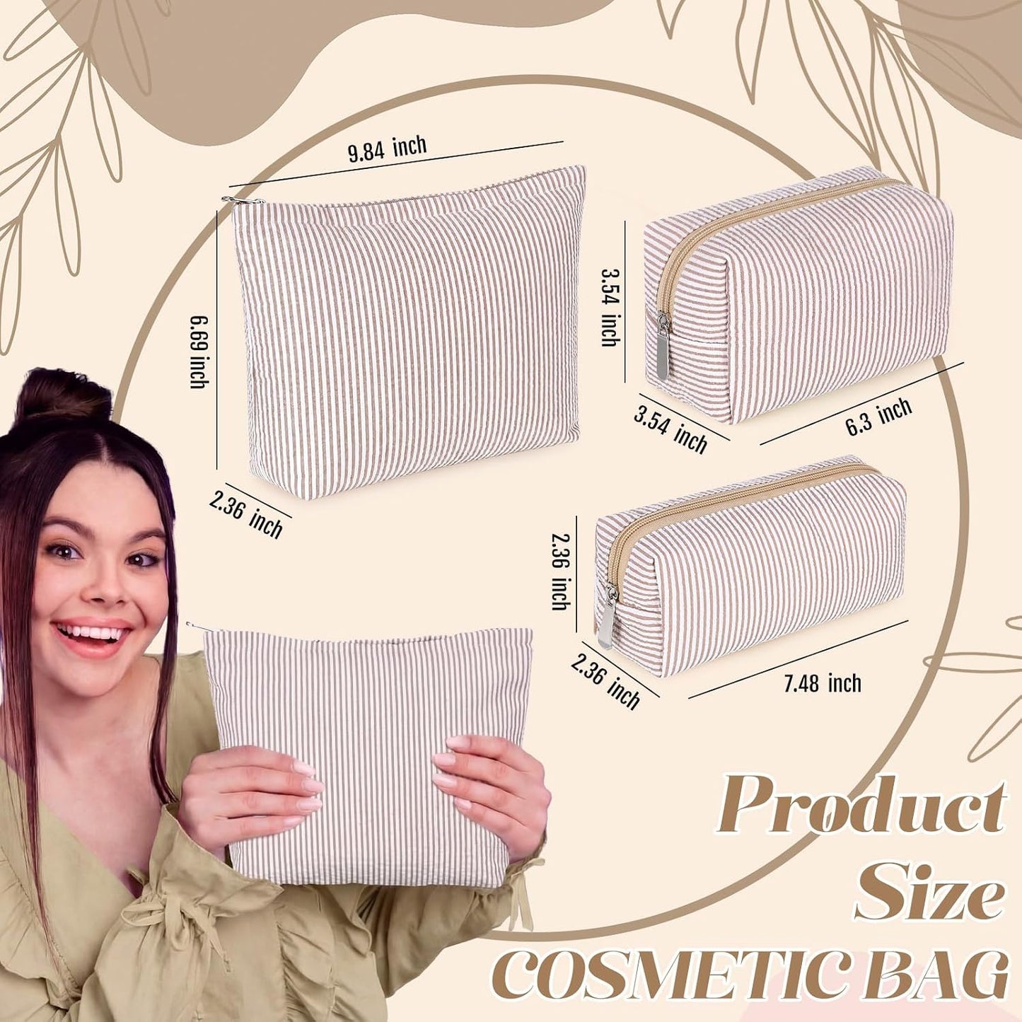 Bolsa maquillaje acolchada 3 pzas para mujer cuadros