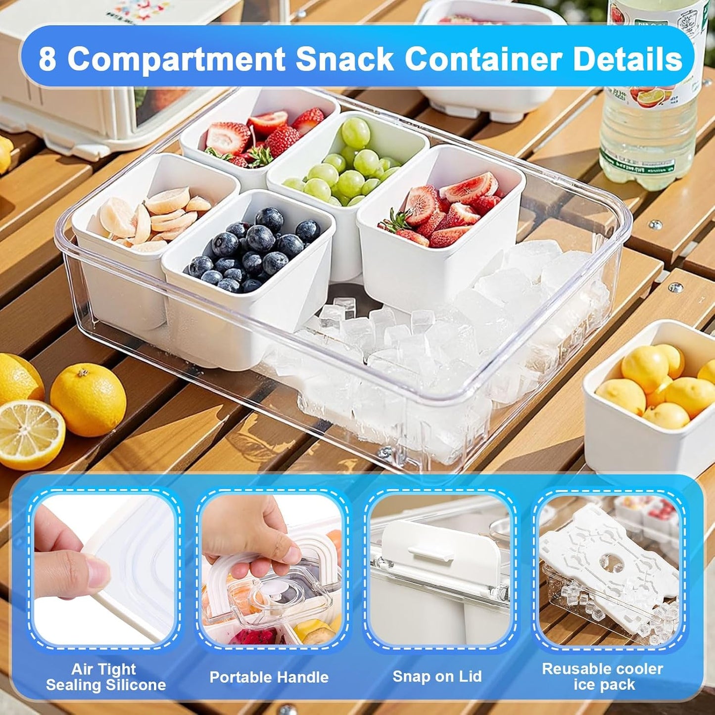 Contenedor portátil para aperitivos con bolsa de hielo y bandeja dividida