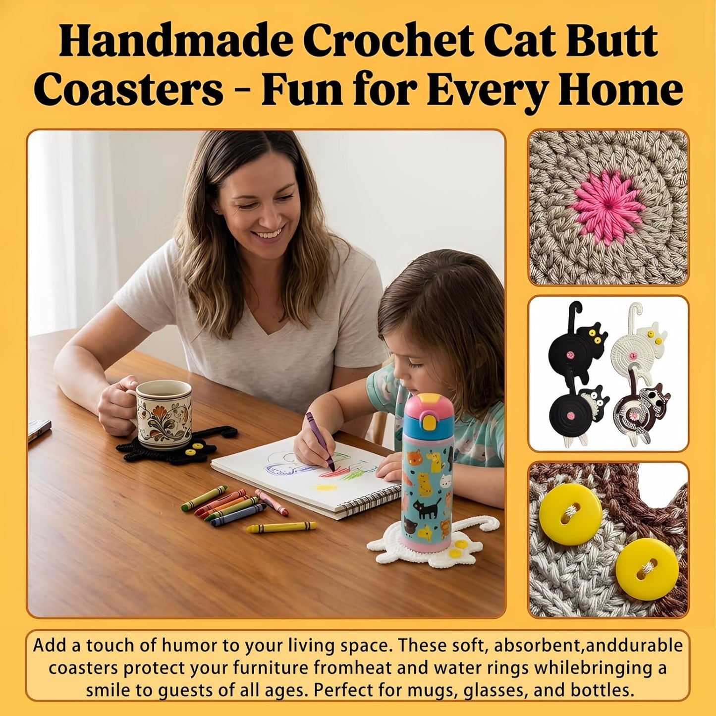 Porta taza de gato crochet para mesa decoración regalo divertido 4 piezas