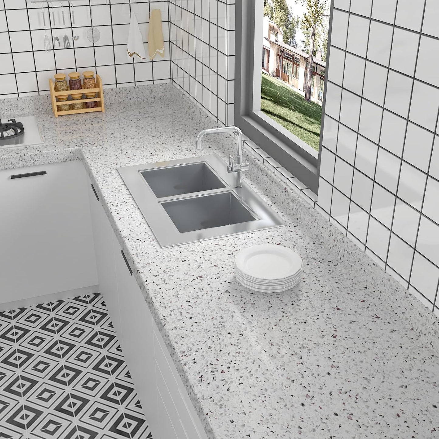 Papel adhesivo granito blanco para encimeras y muebles