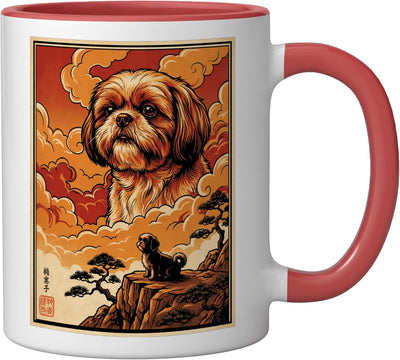 Taza de cerámica para perro Shih Tzu meme vintage japonesa roja/blanca