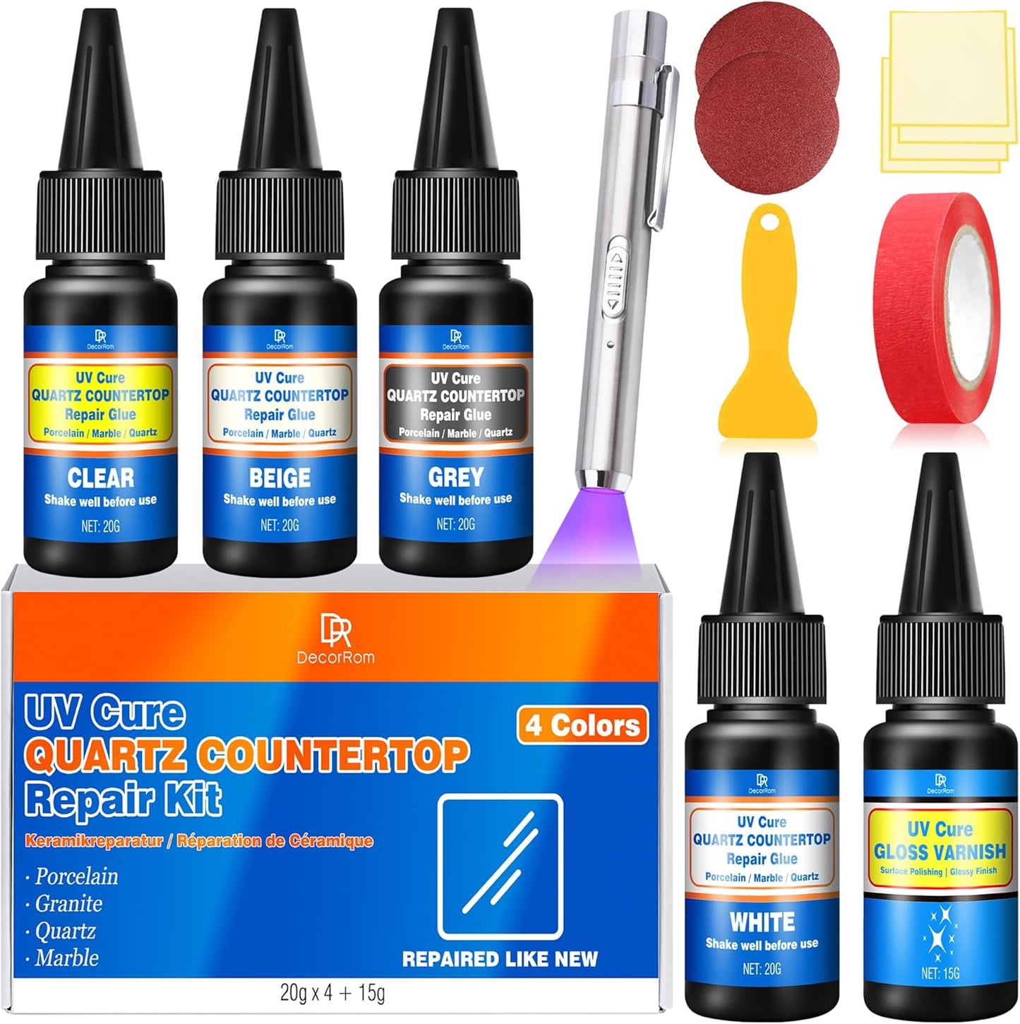 Kit reparación encimera cuarzo granito mármol 4 colores