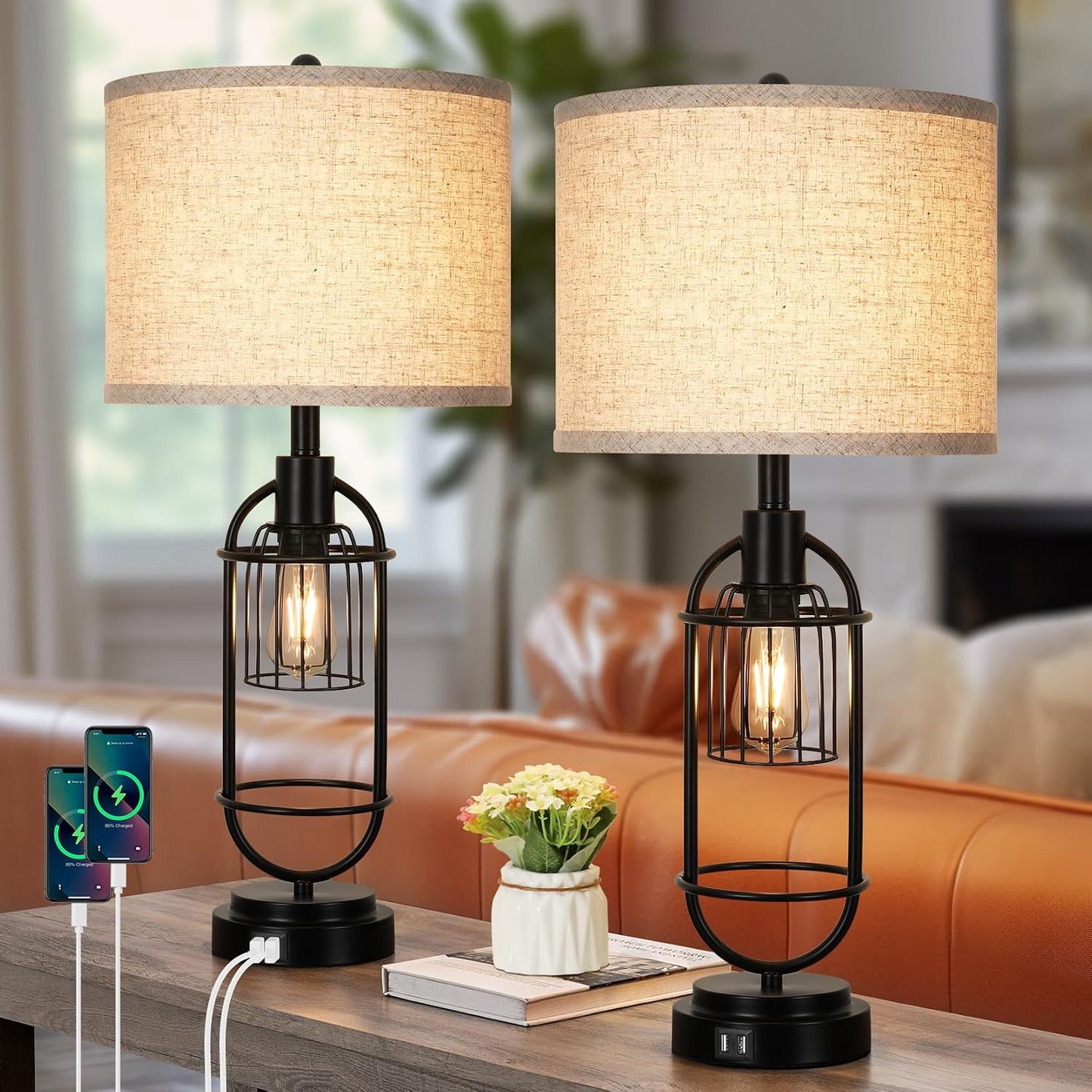 2 Lámparas Mesa 29pulg Sala Beige con Puertos USB