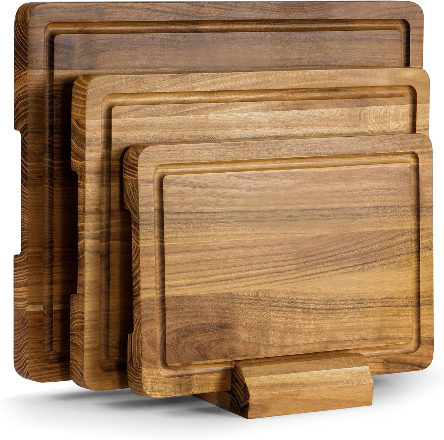 Juego de tablas de cortar de madera de teca 3 piezas con soporte