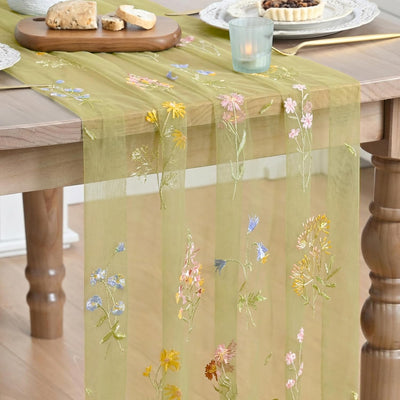 Camino de mesa bordado de gasa verde helecho floral 120 pulgadas decoración para fiesta