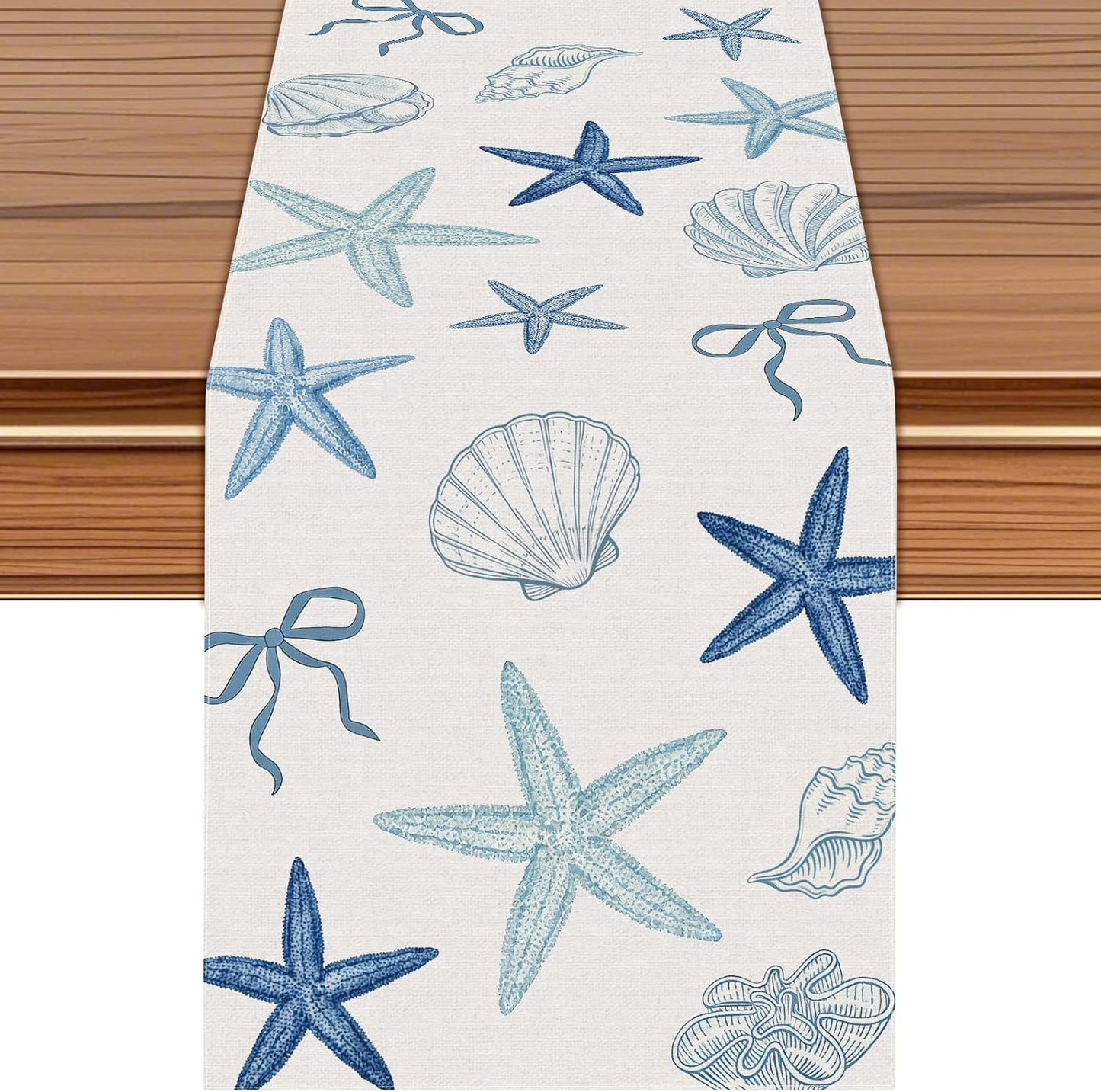 Camino mesa temática oceánica conchas azul y blanco 72x13pulg