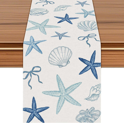 Camino mesa temática oceánica conchas azul y blanco 72x13pulg
